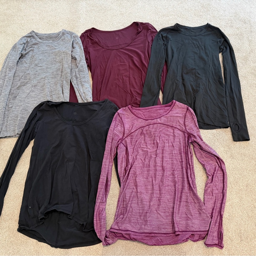 Lot of 5 Lululemon Women's Long Sleeve Tops - Black, Gray, Burgundy, Purple